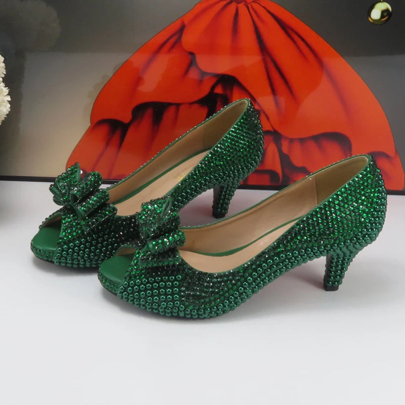 Max Green Pearl Bridal Wedding shoes and purse for Women Fashion Peep Toe High Pumps Evening Party Shoe and bag Open Toe