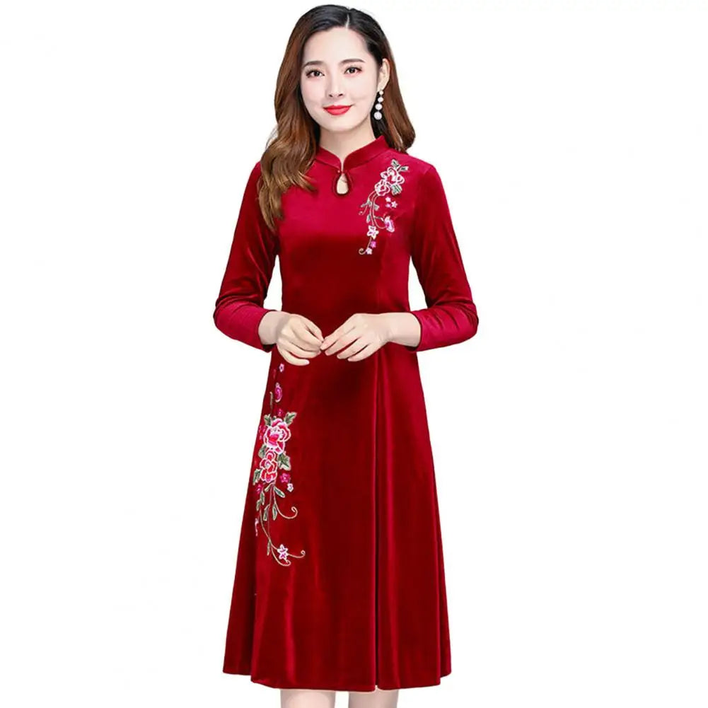 Amay Women Fall Winter Dress Flower Embroidery Hollow Out Velvet Dress Thick Big Swing Stand Collar Long Sleeve A-line Dress