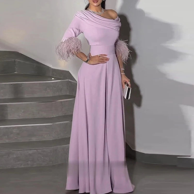 Amay Fashion Lady Diagonal Collar Party Jumpsuit Simple Elegant High Waist Pleat Pants One Piece Women Solid Patchwork Feather Romper