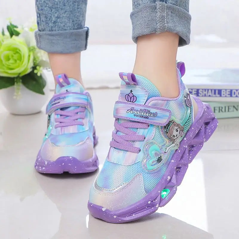 Maxy Children's Sports Shoes with Lights Cute Cartoon Mermaid Girls Sneakers Led Luminous Light Running Shoes Leather Toddler Shoes