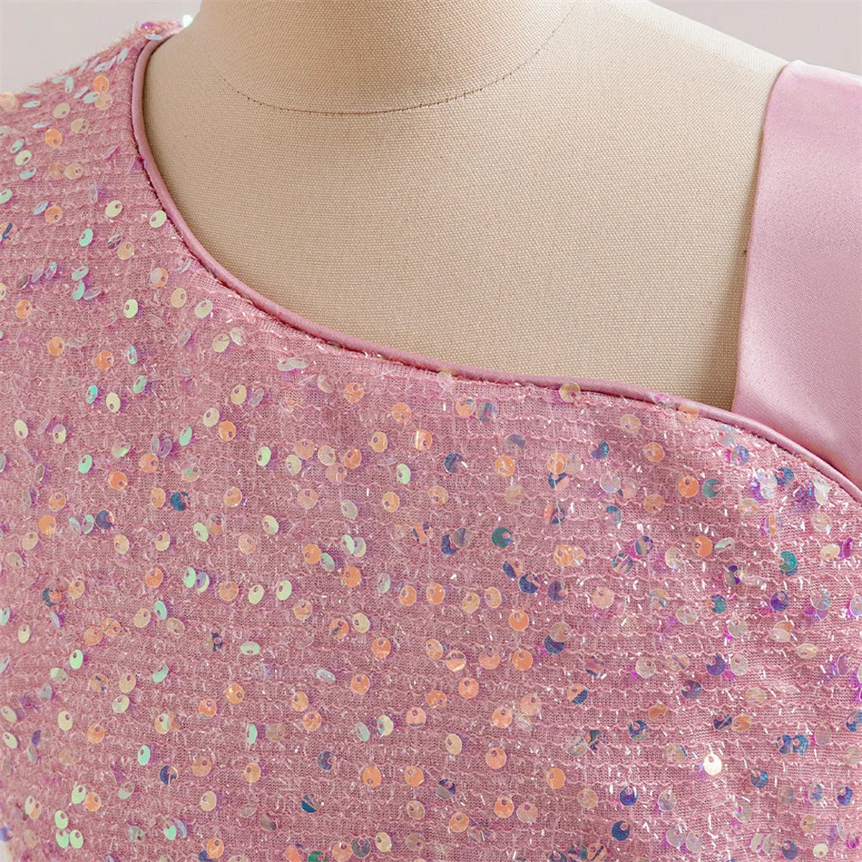 Maxy Girls Solid Sequin Mesh Bow Formal Evening Gown Kids Piano Performance Host Costume Children Wedding Elegant Princess Dress