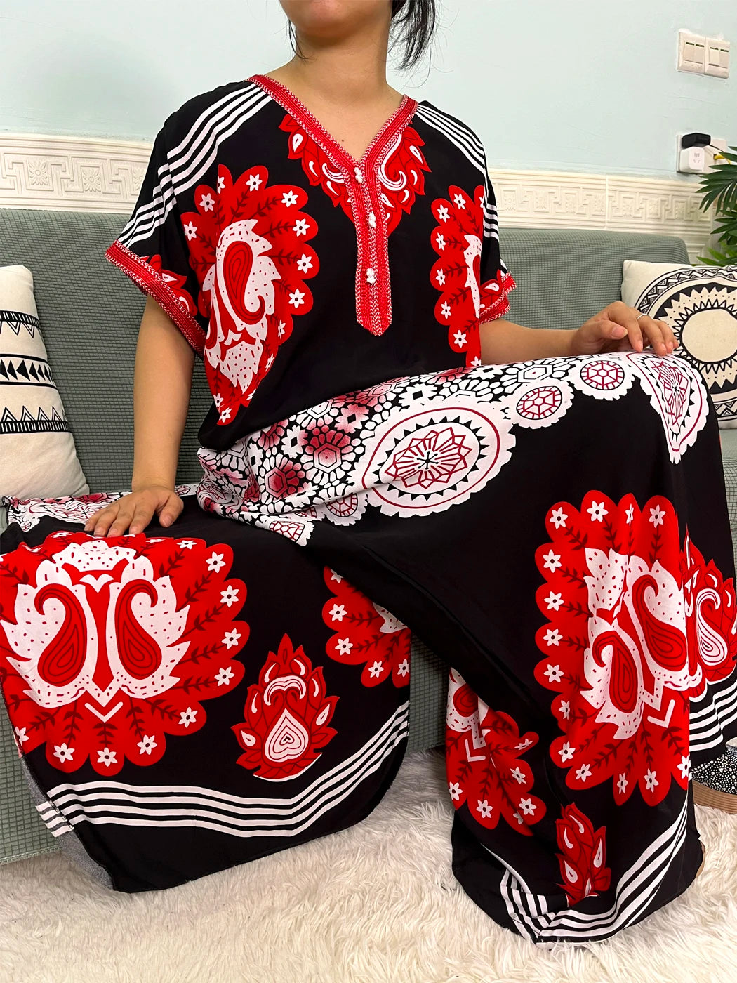 Maxy Muslim Cotton Abayas For Women Appliques Printed Caftan Marocaine Femme Robe Boubou African Islam Dresses With Headscarf