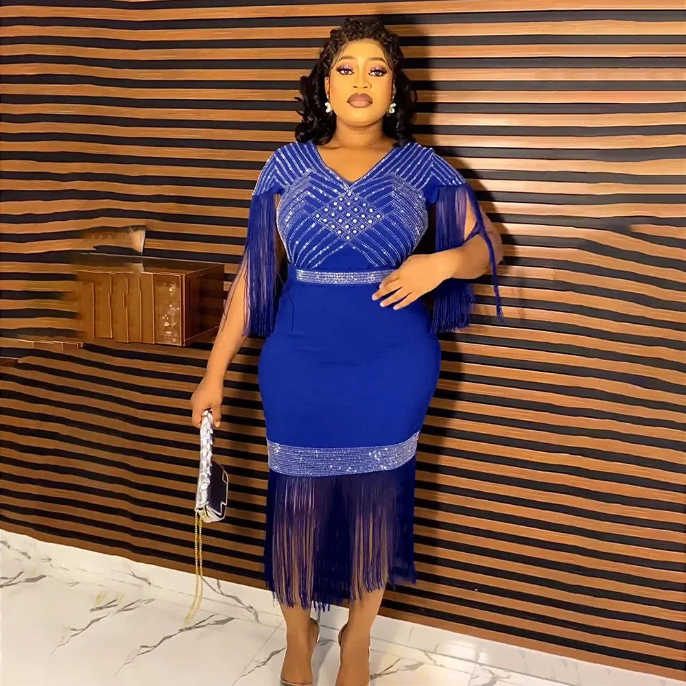 Maxy Plus Size African Party Dresses for Women New Dashiki Diamonds Tassel Ankara Evening Long Gowns Turkey Robe Africa Clothing