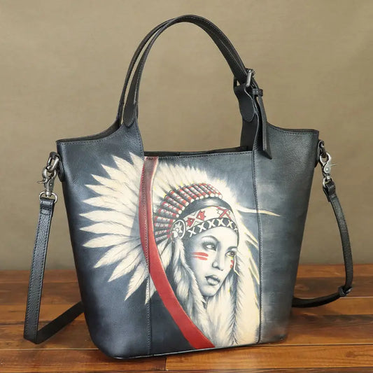 Maxy First Layer Cowhide Leather Women's Handbag Vintage Female Hand Drawn Tote Bag Large Capacity Shoulder Crossbody Bags