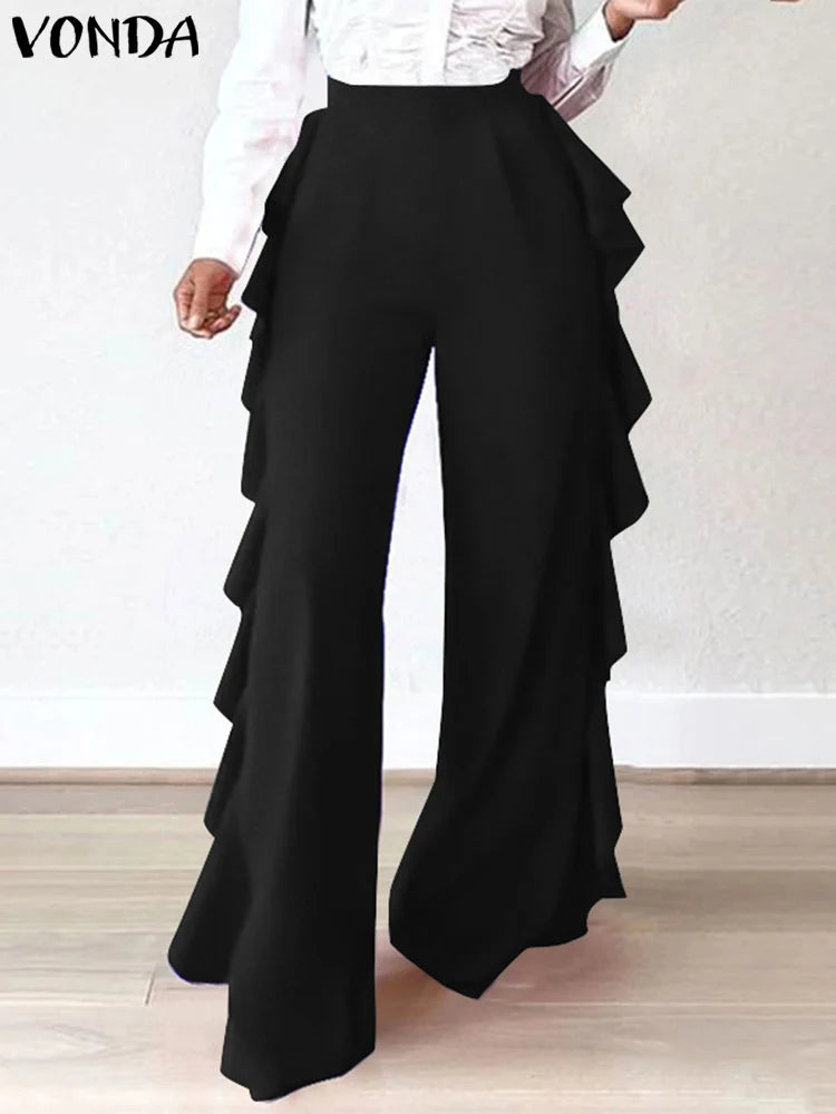 Maxy Plus Size Women Long Wide Leg Pants Solid Color Casual Loose Ruffled Elastic Waist Trousers Fashion Bottoms Oversized