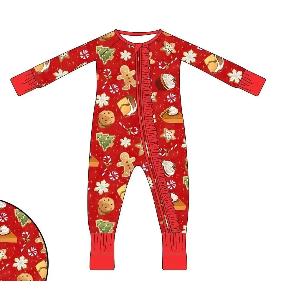 Maxy Boutique children's suit Christmas long-sleeved lace deer tree socks print girls dress boys' pajamas set baby zipper jumpsuit