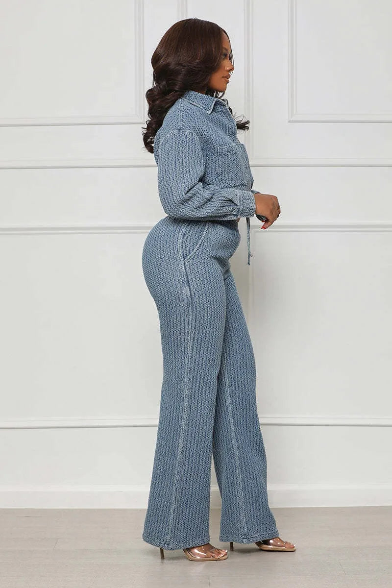 Women Fashion Denim Two Piece Set Turn Down Collar Long Sleeve Buttons Drawstring Jackets Crop Top Wide Leg Pants Jeans Suits