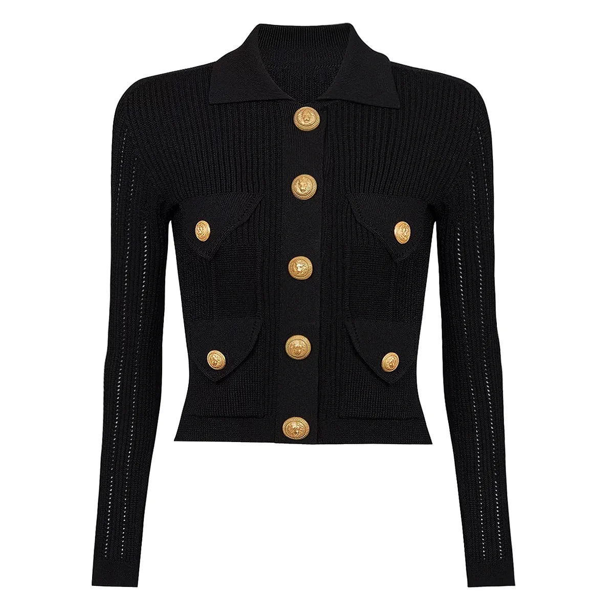 ZJYT 2025 Spring Metal Buttons Cardigan Coat Sweaters for Women Turn Down Neck Knitted Tops White Black Jersey Mujer Fashion New