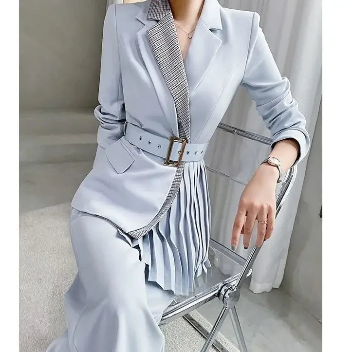 Maxy Blazer and Formal Spring Autumn Trousers Woman Splicing Blue Suits Pant Sets for Women 2 Pieces Business Clothing Trend