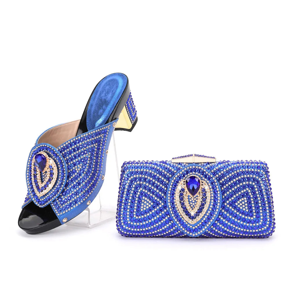 Maxy Style Woman Blue Color Rhinestone Shoes And Bag Set for Party African Fashion High Heels Woman Shoes and Bag Set