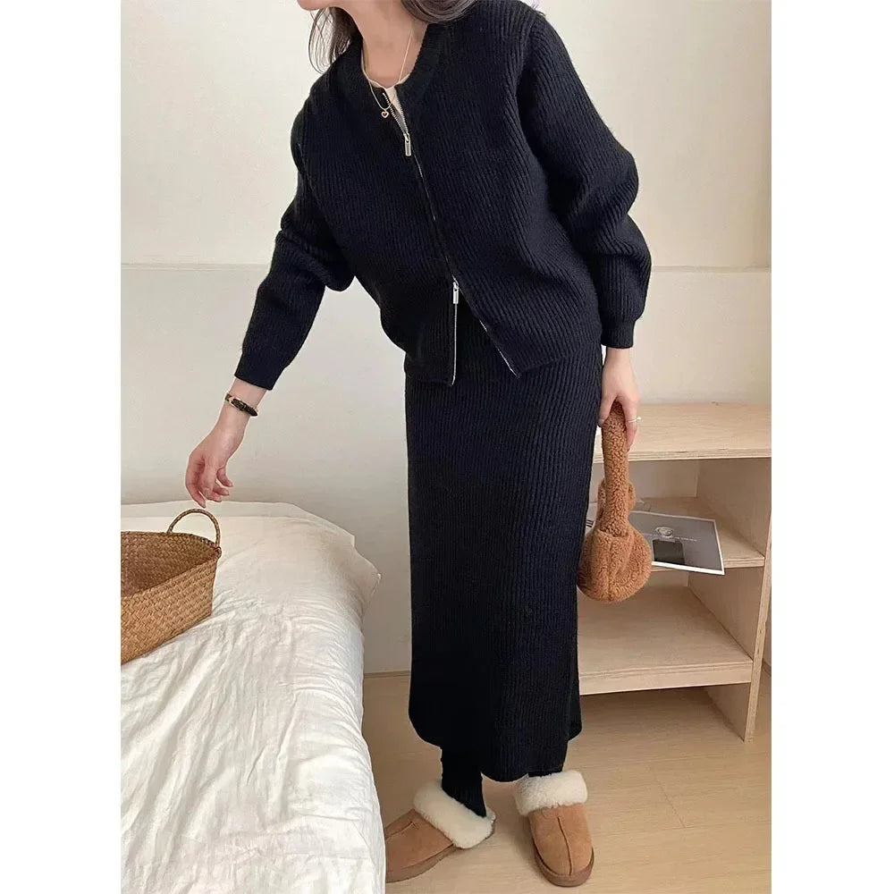 Amay Fashionable Women's Double Zipper Woolen Dress Two-piece Set Casual Loose Autumn and Winter New Half Skirt Knitted Cardigan