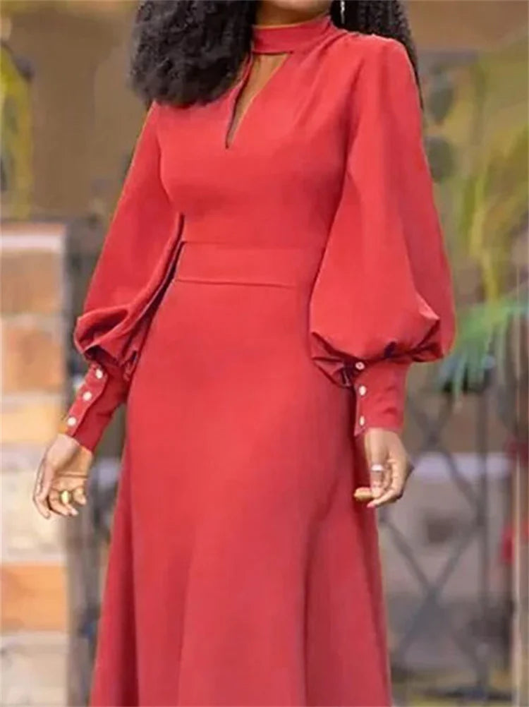 Maxy New Spring Women's Party Evening Maxy Dresses Puff Sleeves Buttoned Stand collar Hollow Elegant Red Banquet Dress