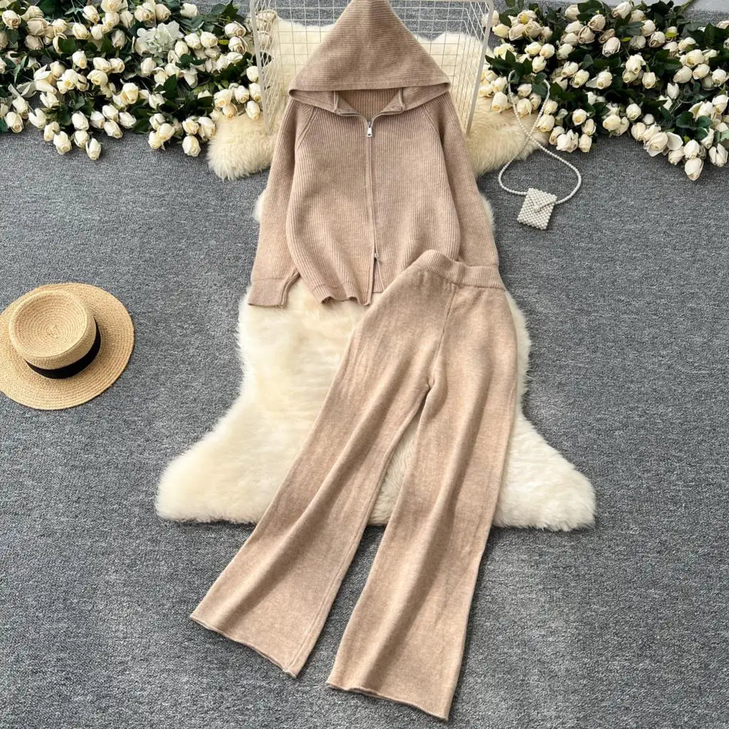 Amay Women 2 Piece Knitted Sweater Pantsuits Winter Fashion Korean Blouses Tops and Casual Pants Set Elegant Female Hoodies Outfits