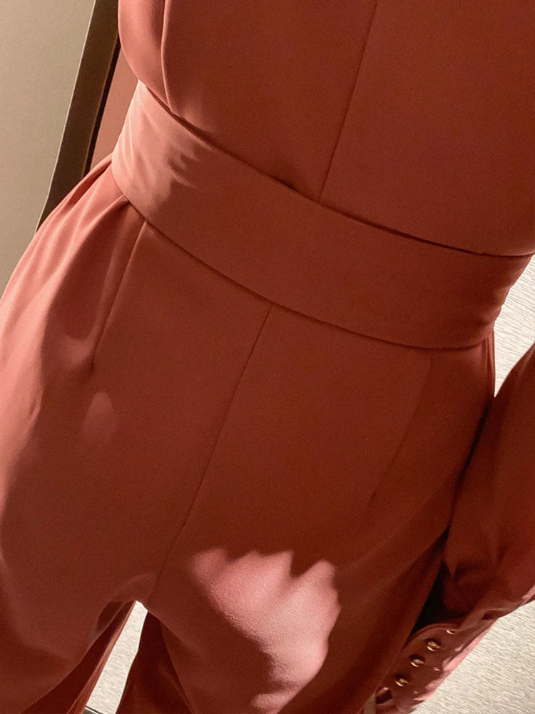 Maxy Vintage Elegant Professional Jumpsuit Women Notched Collar Long Sleeve Adjustable Waist Maxy Pants Work Style Business Rompers