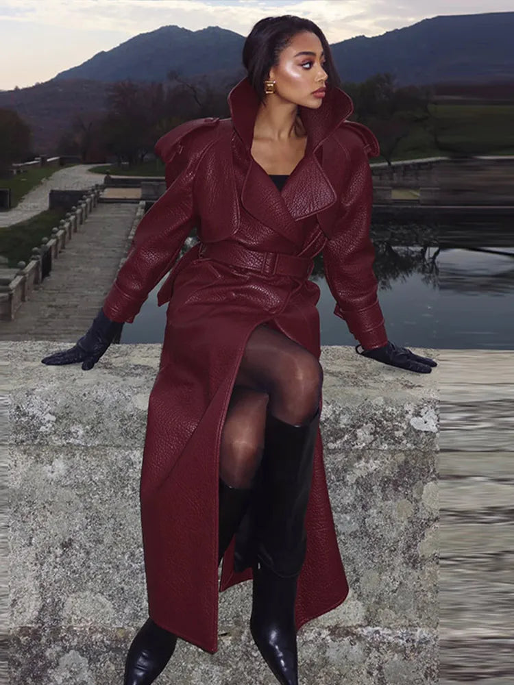 Maxy Retro PU Leather Long Jackets With Belt Women Casual Solid Single Breasted Jacket Female Spring Autumn High Street Outwears