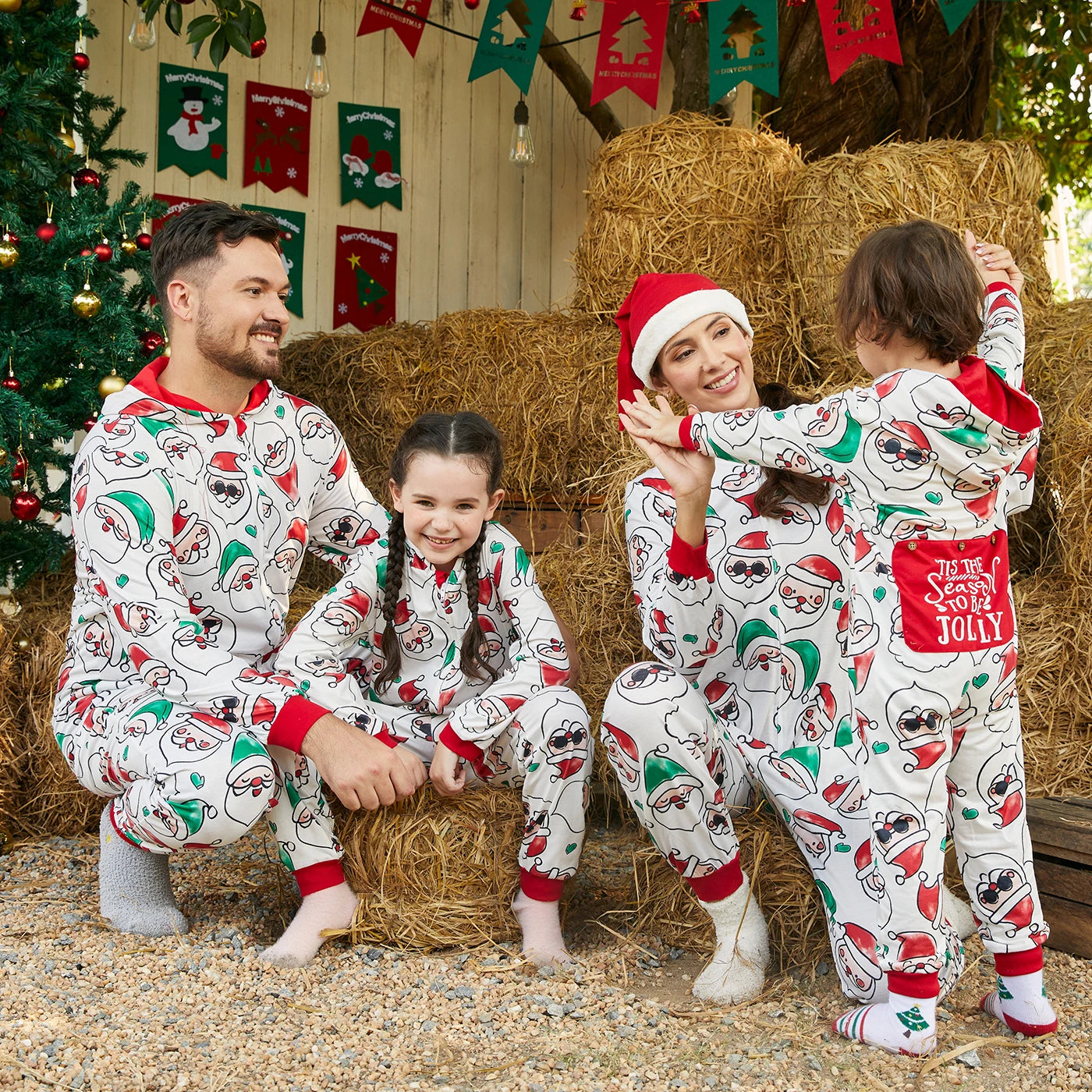 Max Pat Pat Christmas Family Matching Allover Santa Claus Print Long-sleeve Hooded Zipper Onesies Pajamas (Flame Resistant)