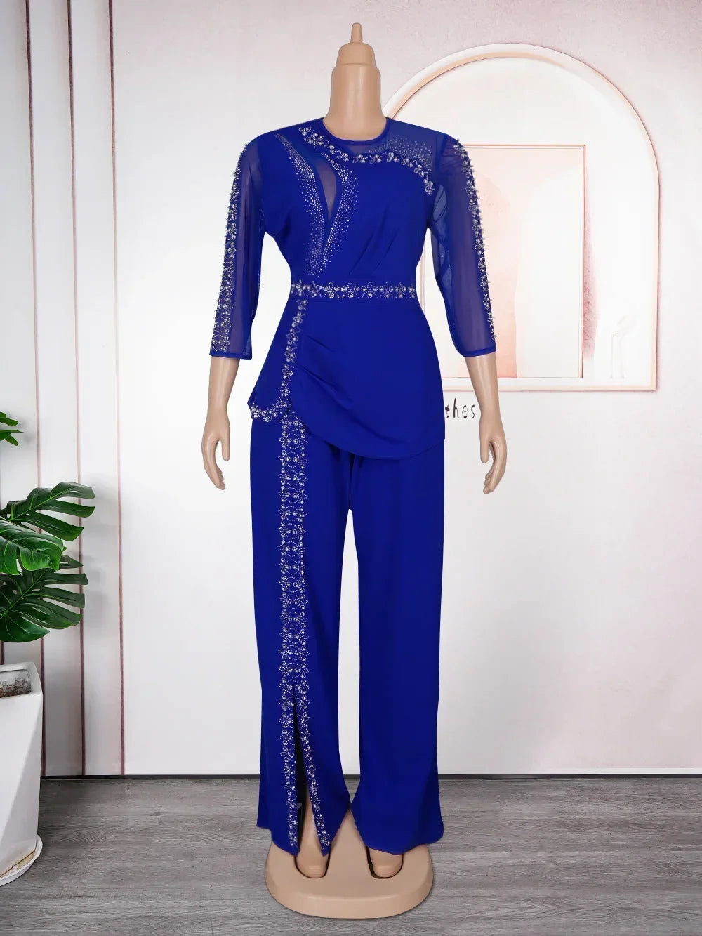 Maxy Clothes for Women 2 PCS Autumn Elegant 3/4 Sleeve Top Long Pant Matching Sets Outfits Dashiki Africa Clothing L-3XL