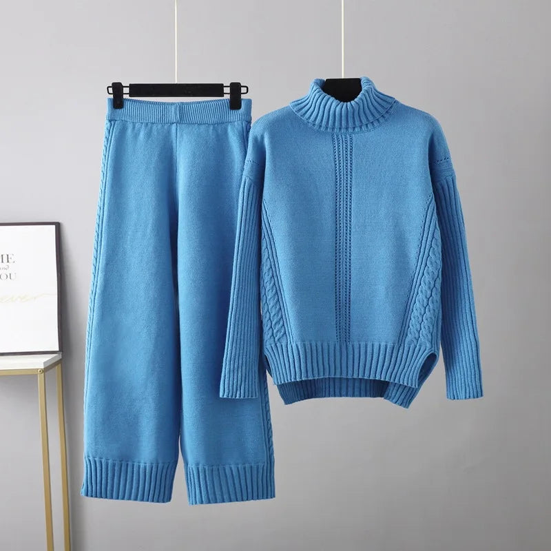 Maxy HLBCBG Cashmere Women Tracksuits Knitted Thick Women Turtleneck Sweater 2/Two Piece Sets Drawstring Harem Pants Suits Outfits