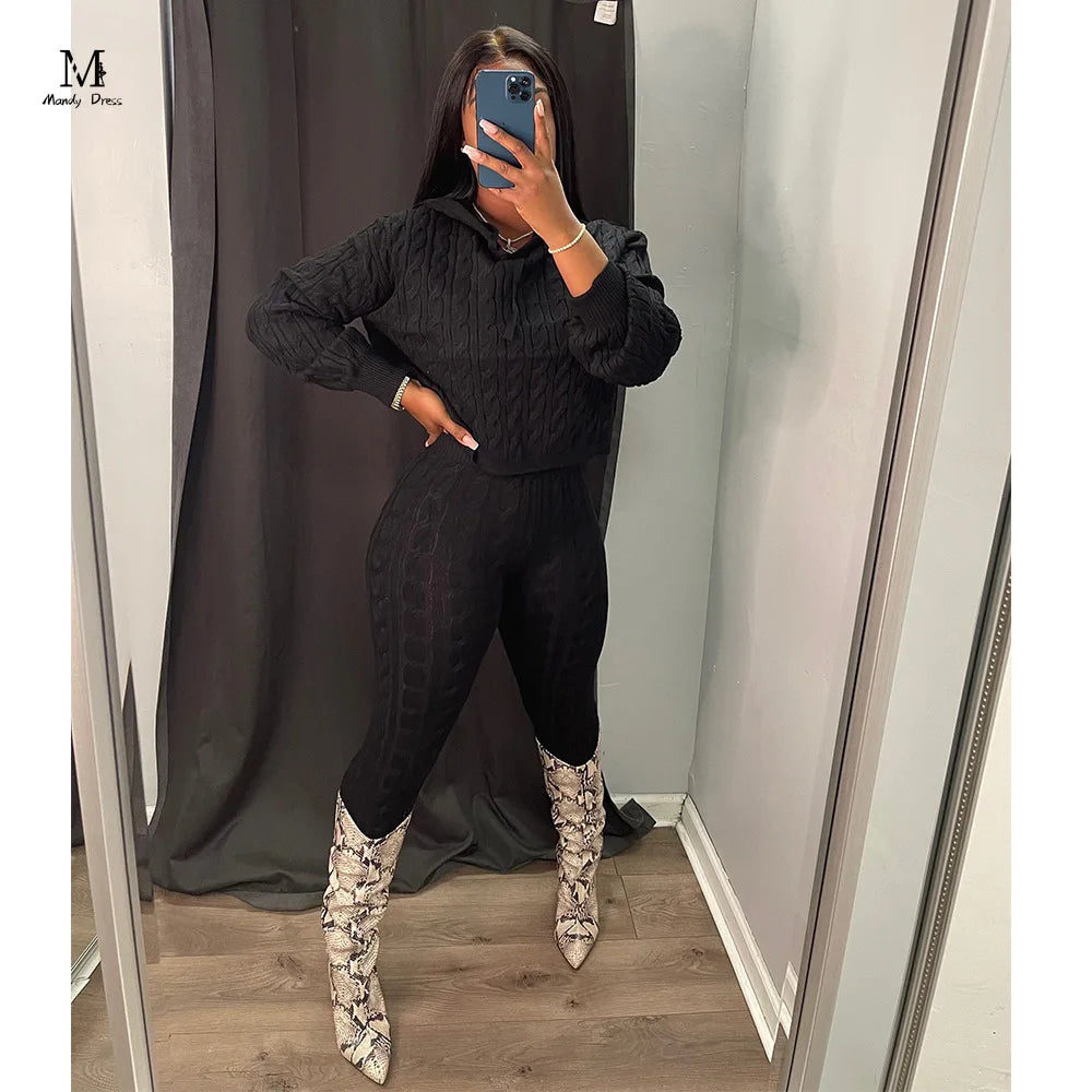 Maxy Fall Winter Women Knit Sweater Matching Sets Skinny Hoodies and Pants Clothing Casual Loungewear 2 Two Piece Outfits