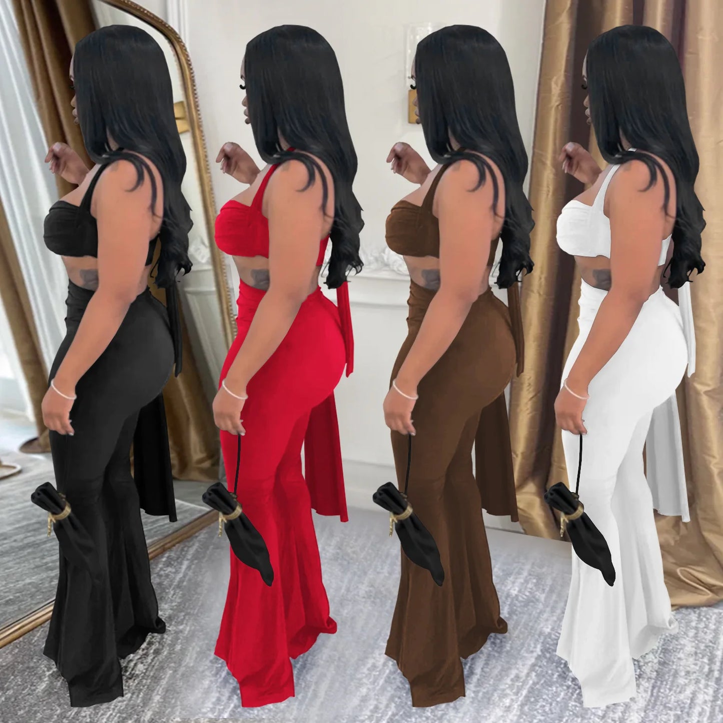 Maxy Sexy Halter Bikini Tops 2 Piece Pant Set Outfits Y2K Streetwear Women Flare Pants Tracksuit Elegant Bandage Tops Two Piece Sets