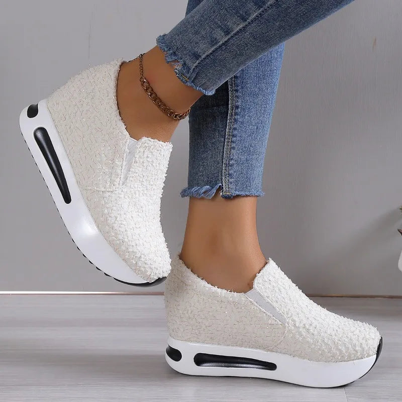 Maxy Elevated Inner Casual Sneakers Women Thick Soles Single Shoes Shallow Cut Round Toe Single Shoes Fashion Gold Riband Shoes