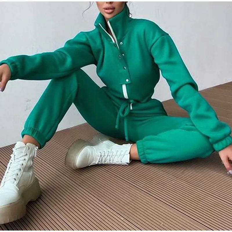 Maxy Casual Stand Collar Jumpsuits Women Autumn Winter Zipper One Piece Long Sleeve Outfit Solid Loose Drawstring Rompers Tracksuits