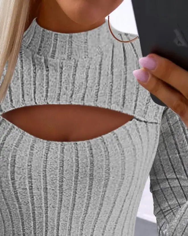 Maxy Standing Collar Hollow Out Long Sleeve Rib Top New Fashion Hot Selling Women's Autumn and Winter