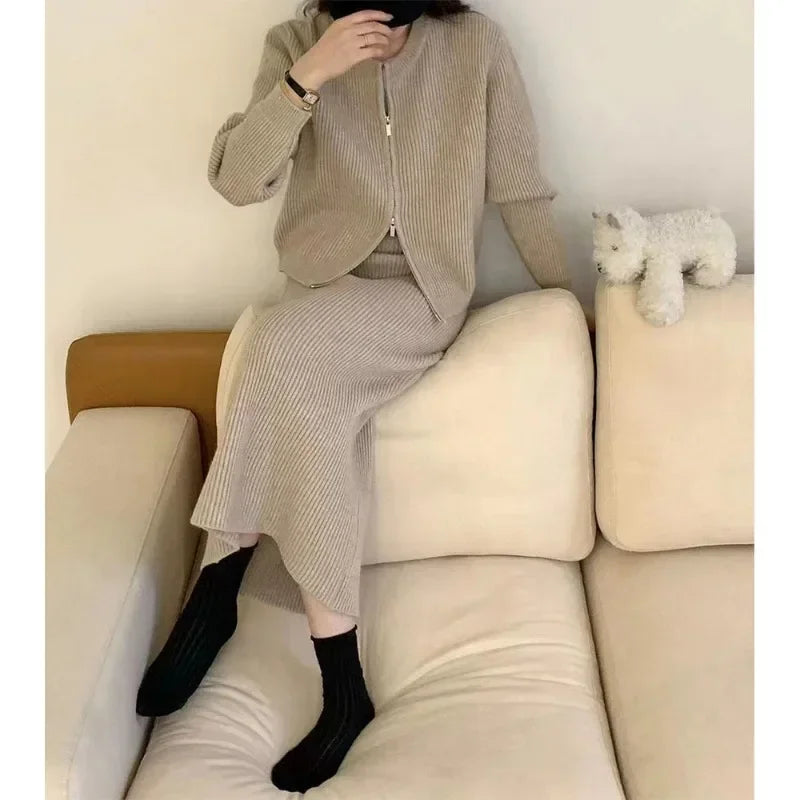 Amay Fashionable Women's Double Zipper Woolen Dress Two-piece Set Casual Loose Autumn and Winter New Half Skirt Knitted Cardigan