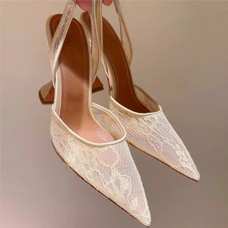 Maxy High-heeled sandals summer new pointed lace mesh wine glass heel wedding shoes banquet dress versatile simple women's shoes