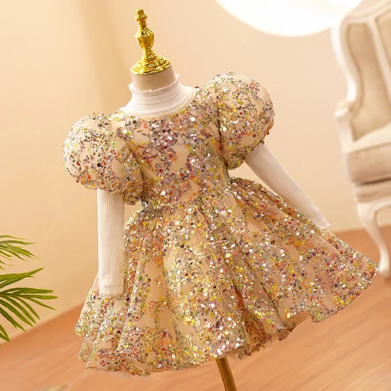 Maxy Child Girls Evening Dresses Champagne Gold Luxury Birthday Party Gown Sequin Pageant Formal Dress Teen Wedding Prom Frock