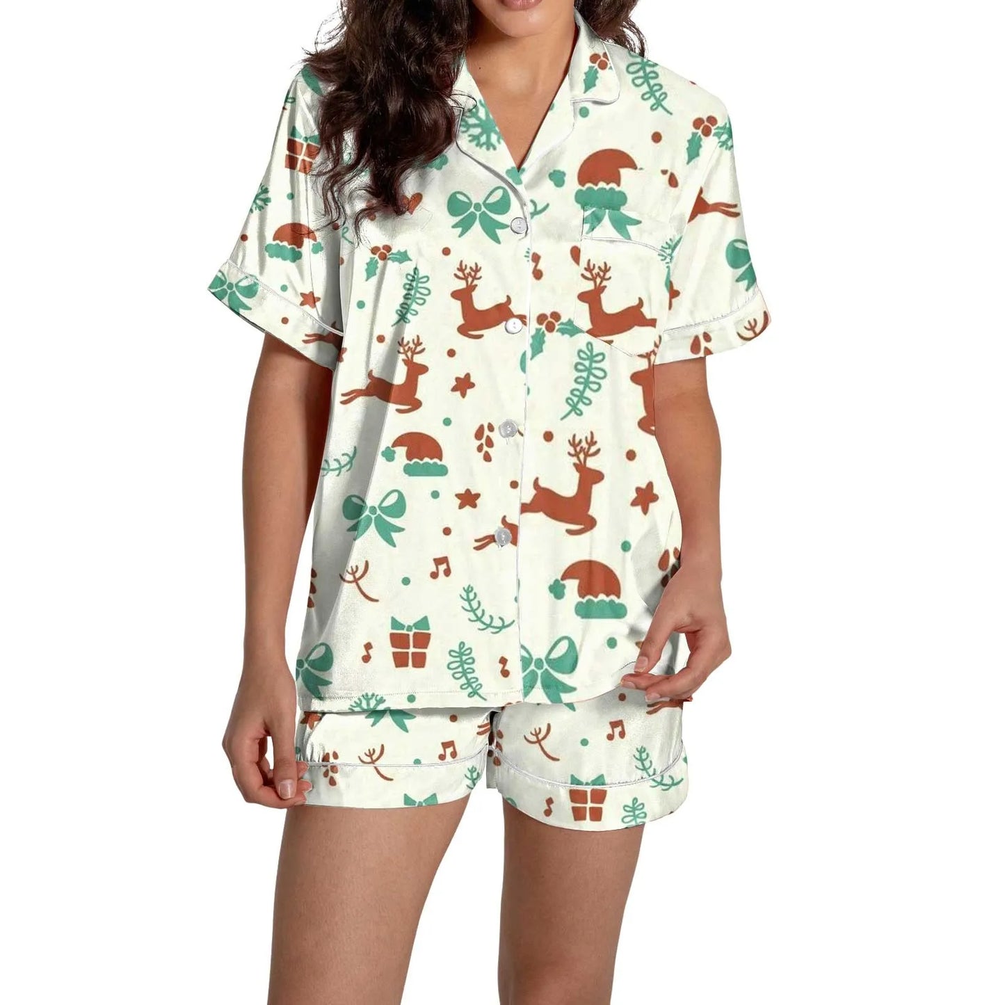 Christmas Graphic Print Women's Button-Down Shirts Pajamas Shorts Set Causal Women‘s Silk Satin 2 Piece Homewear Shorts Set Soft