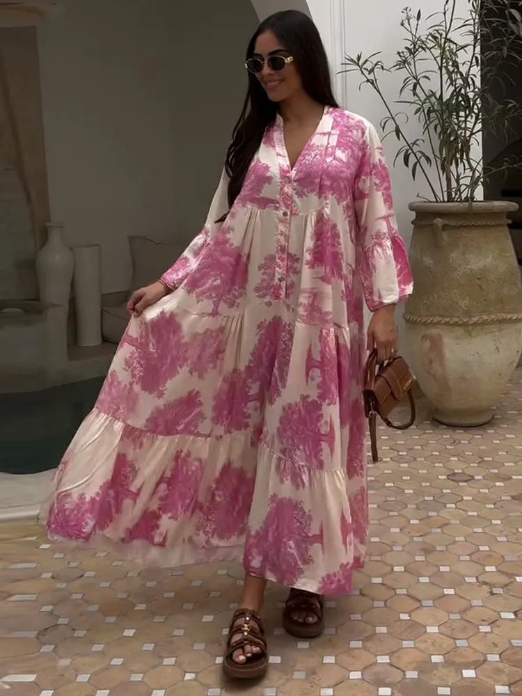 Maxy Plus Size Floral Print Dress V-Neck Button Front Flared Sleeve Summer Beach Vacation Boho Long Dresses Outfit For Woman