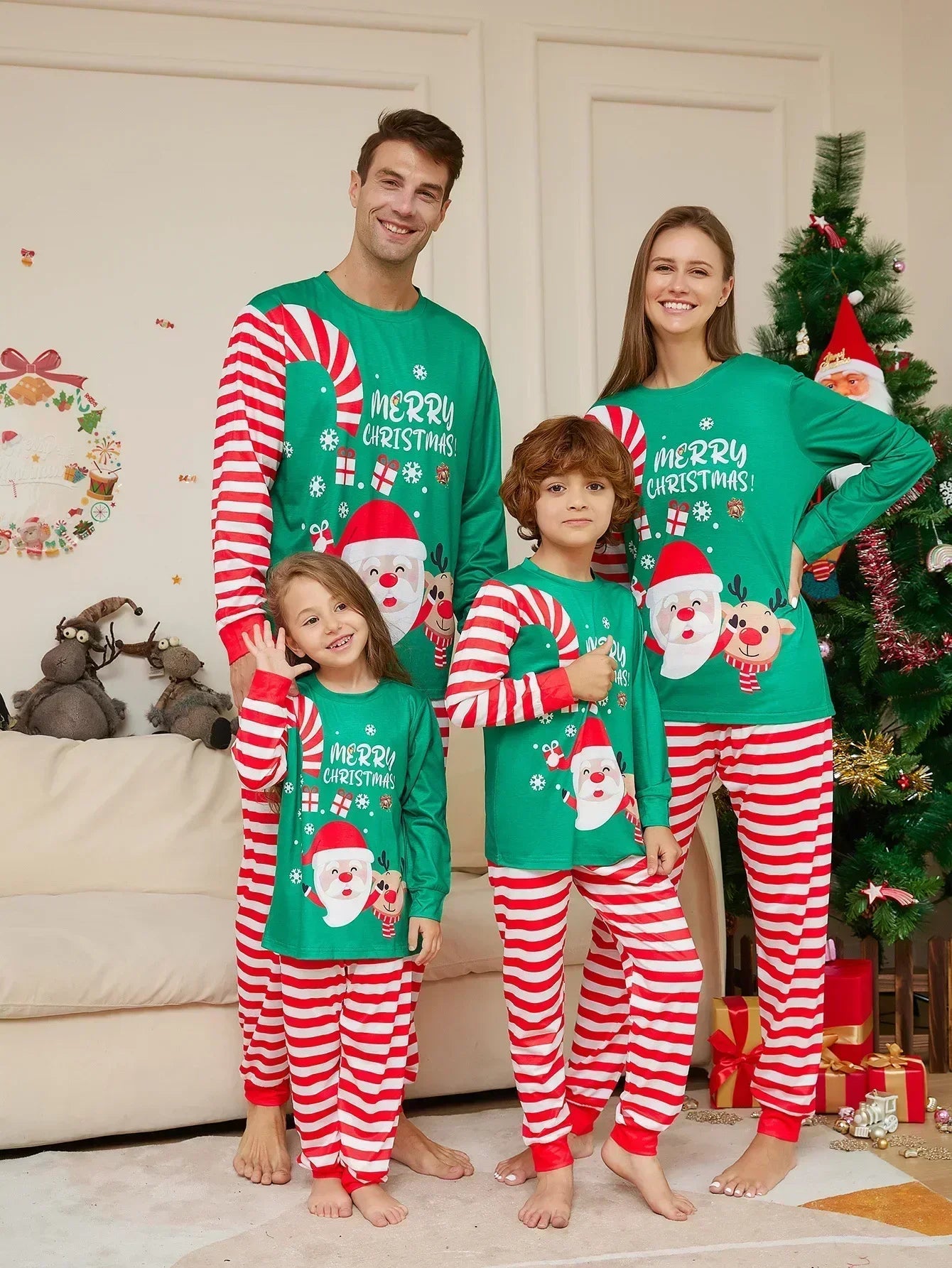 Merry Christmas Cartoon Striped Print Family Pajamas Set Mom Dad Kids Matching Clothing Sets Baby Dog Romper Xmas Look Pyjamas