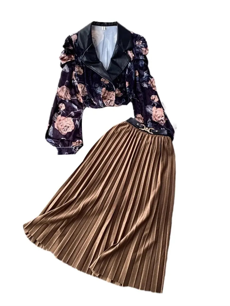 Maxy Fashion Set Women Celebrity Temperament Suit Collar Loose Gold Velvet Shirt 2 Piece High Waist Pleated Skirt Autumn Outfit Z3530