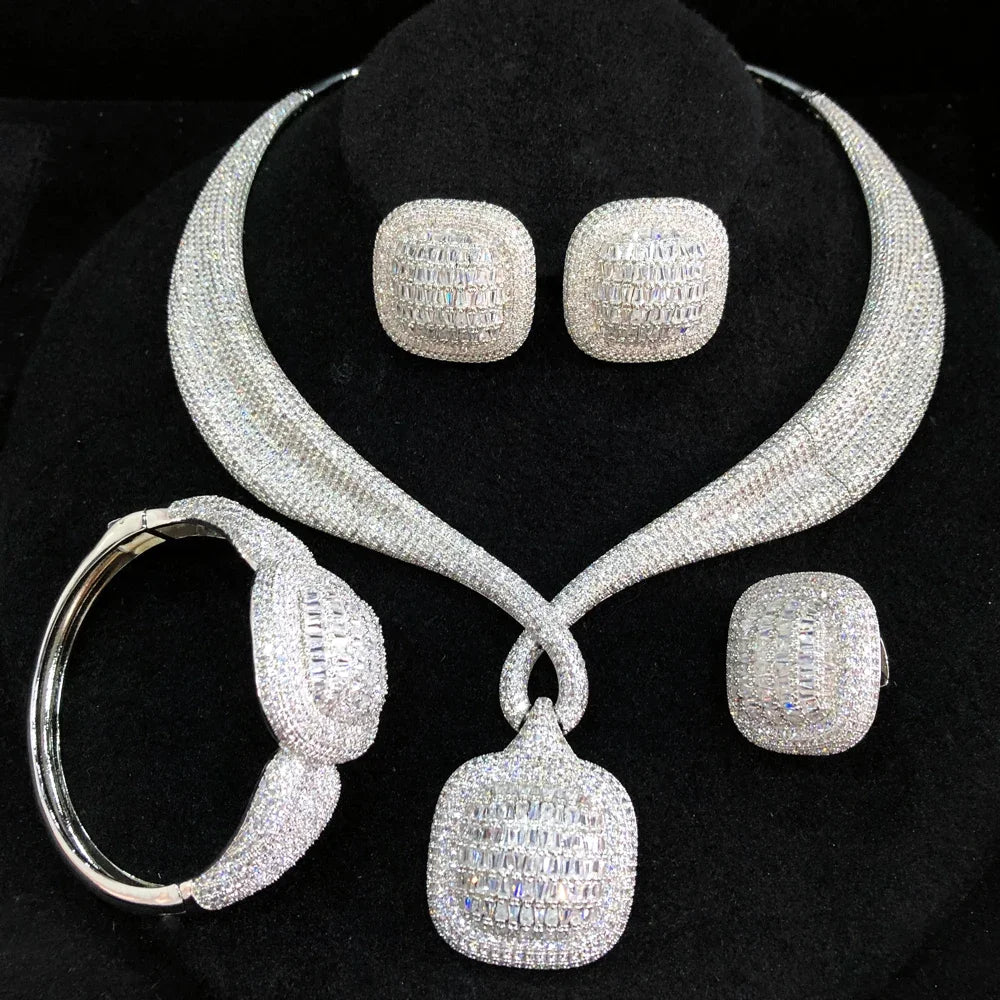 Maxy Trendy 4PCS Luxury Turquoise Statement Jewelry sets For Women Wedding Cubic Zircon Indian African Dubai Bridal Necklace
