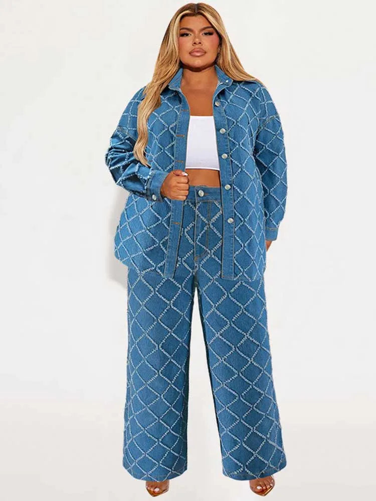 Maxy 2 Piece Set Women Jeans and Jacket Winter Casual Outfits Long Sleeve Denim Plaid Coat and Pants Sets Plus Size Clothes