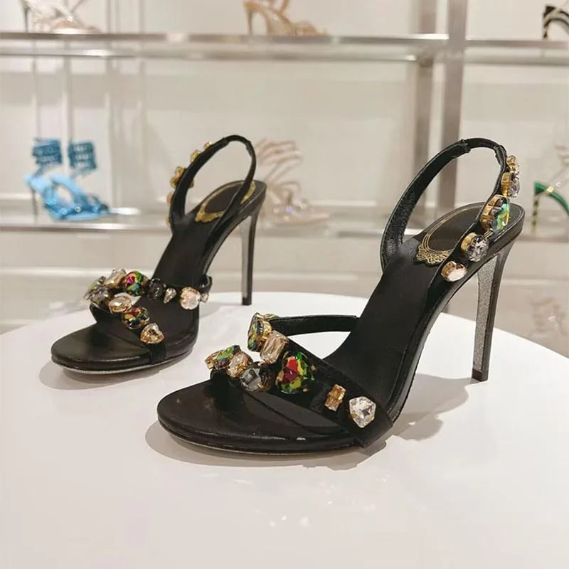 Maxy Dress Shoes Rhinestone Decor Elastic Strap Thin High Heels Sandas Women Snake Shaped Entanglement Sandals Summer Party Shoes
