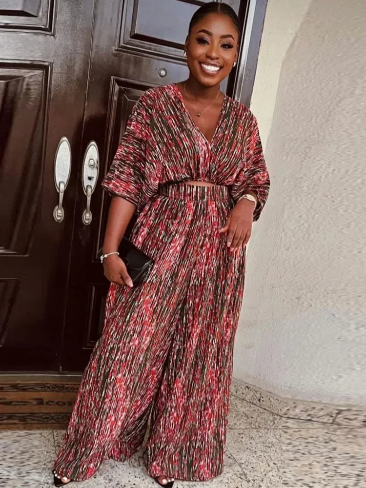 Maxy Two Piece Set Africa Clothes African New Dashiki Fashion Flower Print Suit Top Trousers Super Elastic Party For Women Outfits