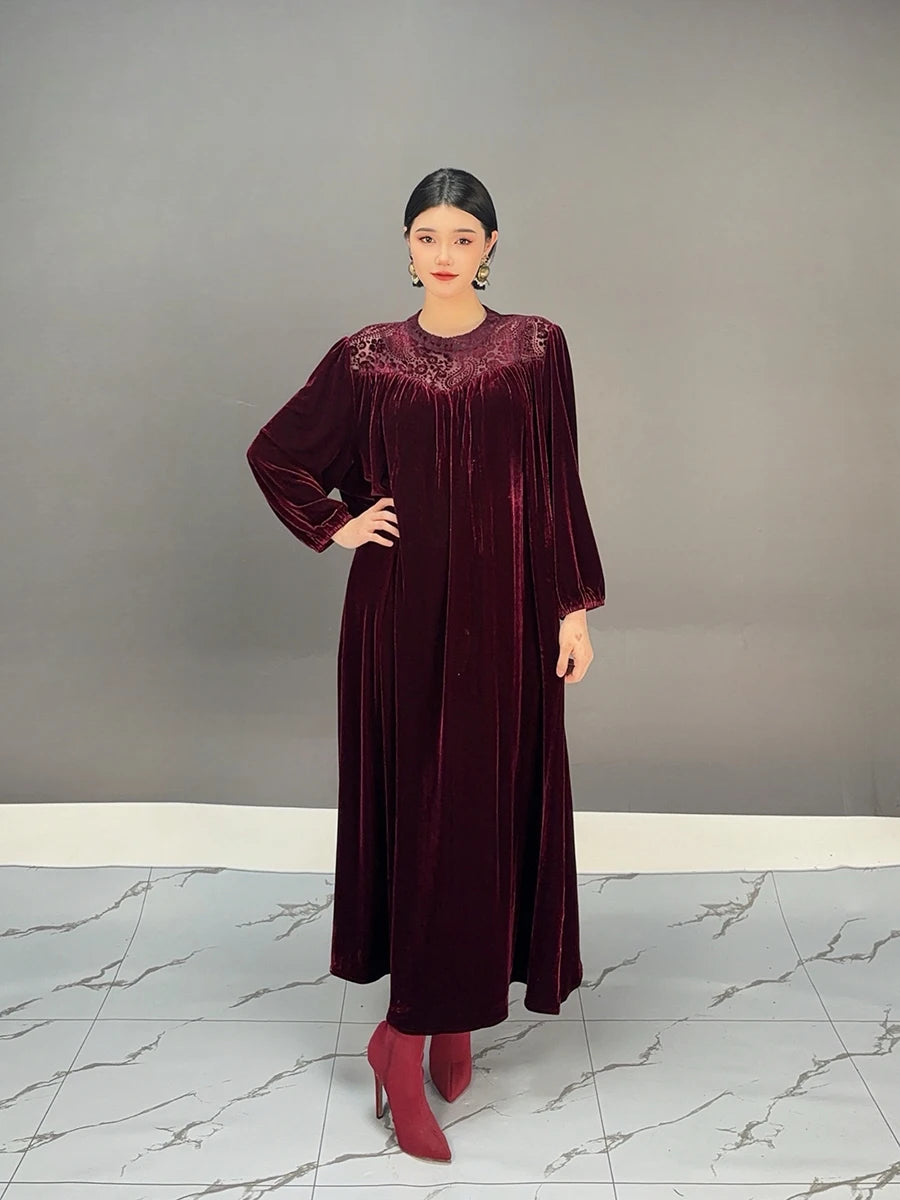 Maxy SHENGPALAE Velvet Print Long Dresses Women Round Collar Full Sleeve A Line Solid Color Wedding Party New Dress 5C1681