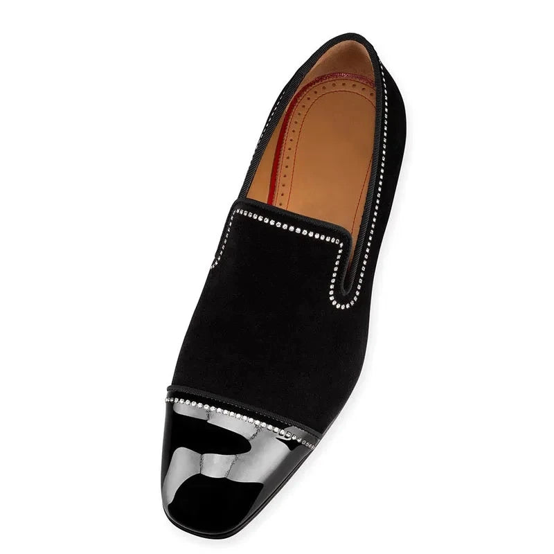Visco Black Suede Rhinestone Wedding Shoes Man Pointed Toe Leather Patchwork Slip On Flats Male Sexy Party Shoes