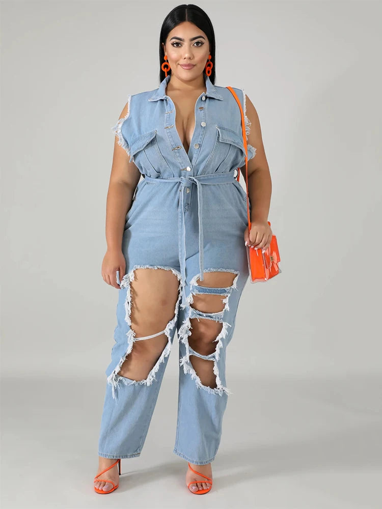 Maxy Women's Jeans Plus Size Streetwear One Piece Suit with Sash Denim Elegant Oversized Ripped Jumpsuit.