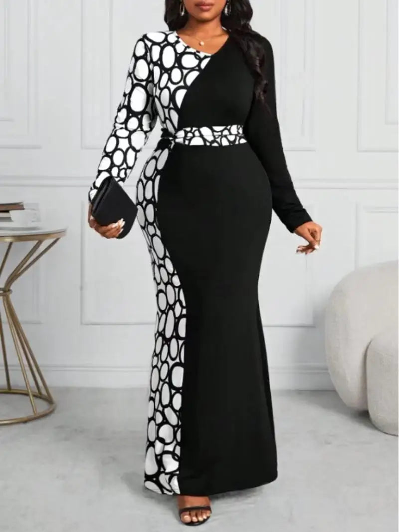 Maxy Plus Size Contrast Color Women Dress O Neck Front Twist Female Long Sleeves Elegant Dresses Bodycon Clothing Evening Party Gowns