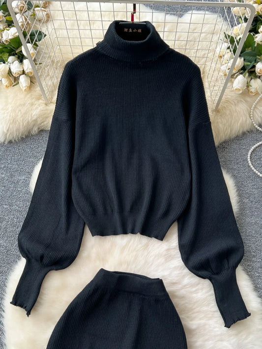 Amay Women Turtleneck Two Piece Sets Autumn Winter Long Sleeve Casual Knitted Sweater High Waisted Wrap Skirts Elgeant Tracksuits
