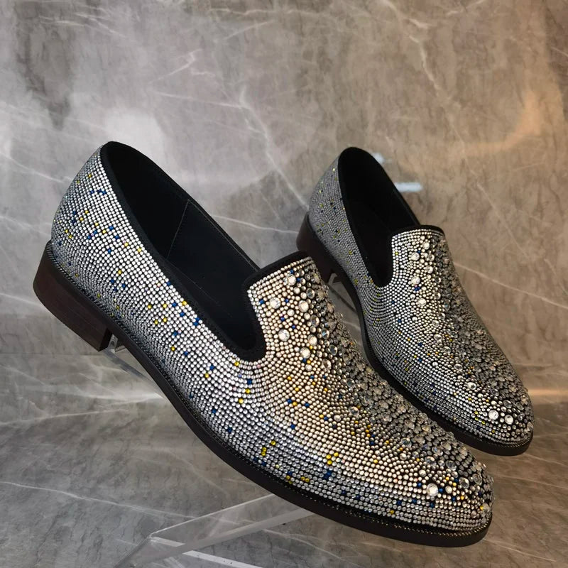 Visco Fashion Rhinestone Loafers For Man Luxury Leather Shoes Slip On Italian Dress Shoes Men Handmade Wedding And Party Shoes