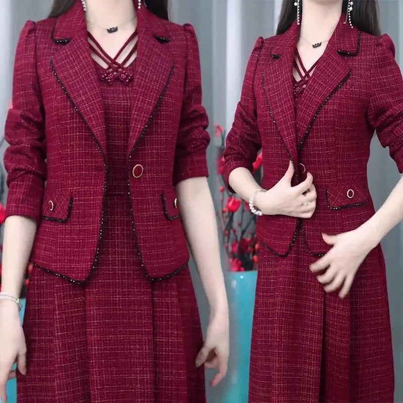 Maxy Middle Aged Female Dress Sets Spring Autumn High End Elegant Blazer Coat And Long Dress 2PCS Women OL Temperament Dresses Suit