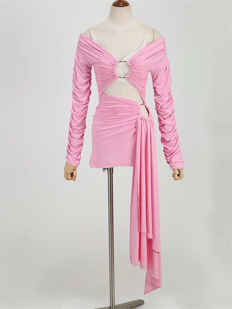 Off The Shoulder Hollow Women's Prom Dress Metal Ornaments Ribbon Party Gown Pleated High Waist Short Mini Newest In Stock