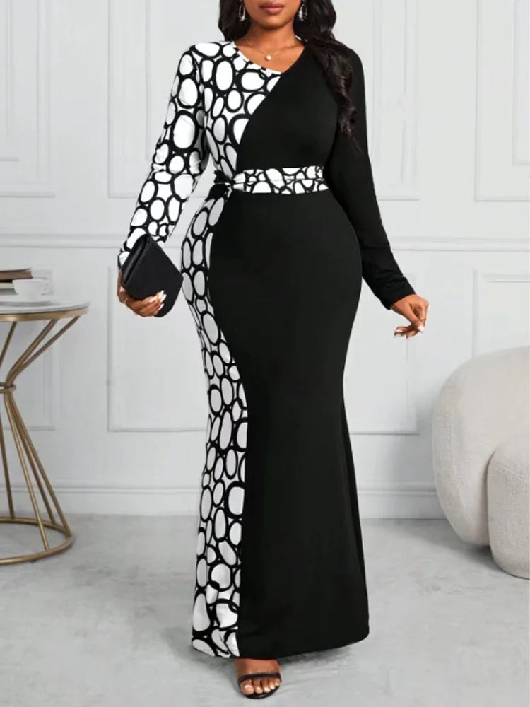 Maxy  Plus Size Autumn V-neck Long Sleeve Mermaid Hem Bodycon Dress Women Black Contrast Print Elegant Maxy Dresses New