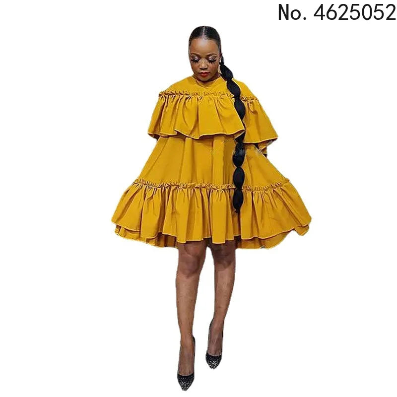 Maxy Summer Elegent African Women Half Sleeve Yellow O-neck Polyester Butterfly Sleeve Dress African Dresses for Women S-3XL