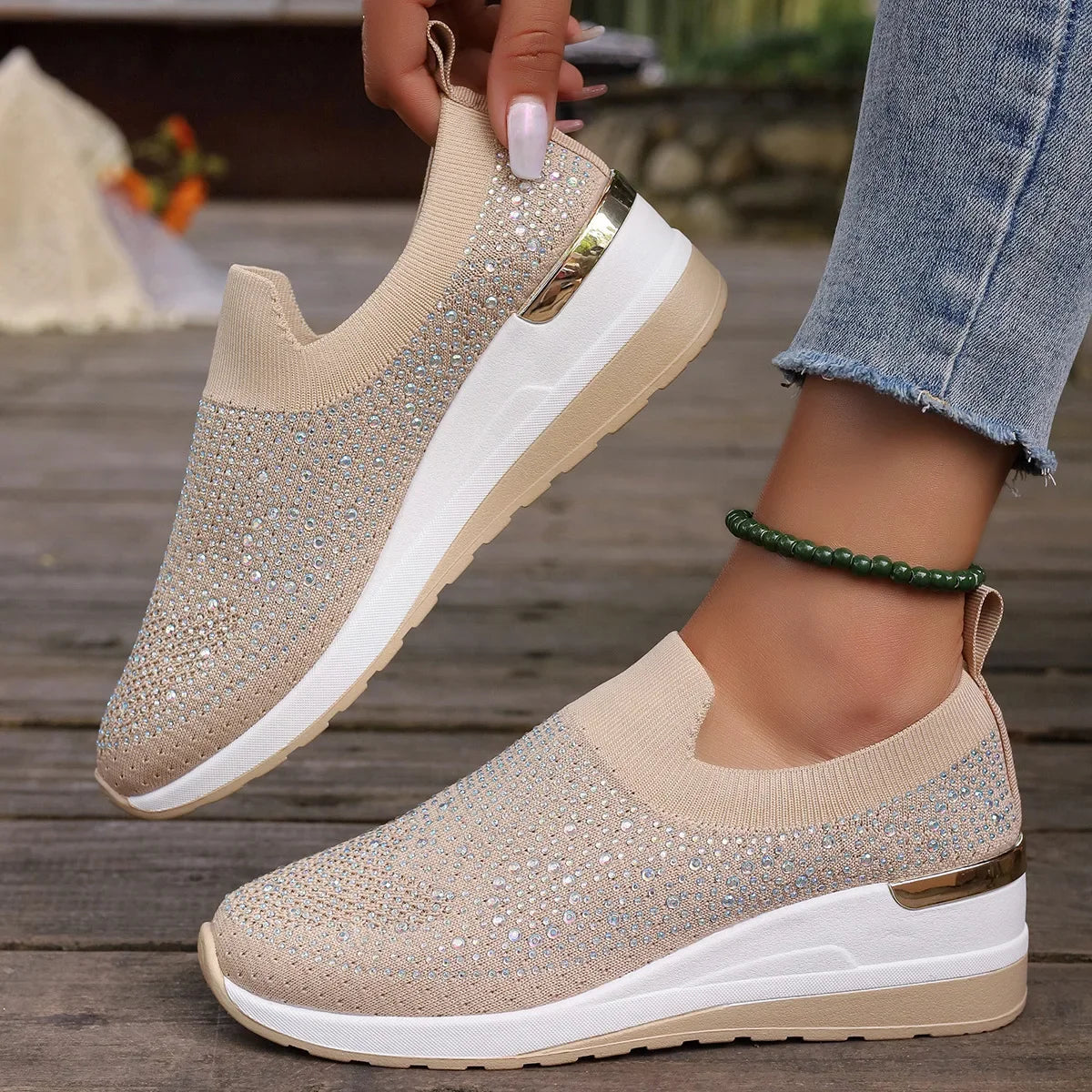 Visco Orange Rhinestone Casual Sneakers Breathable Wedge Women Lightweight Shoes Slip On New Comfortable Spring Mesh Sports Shoes