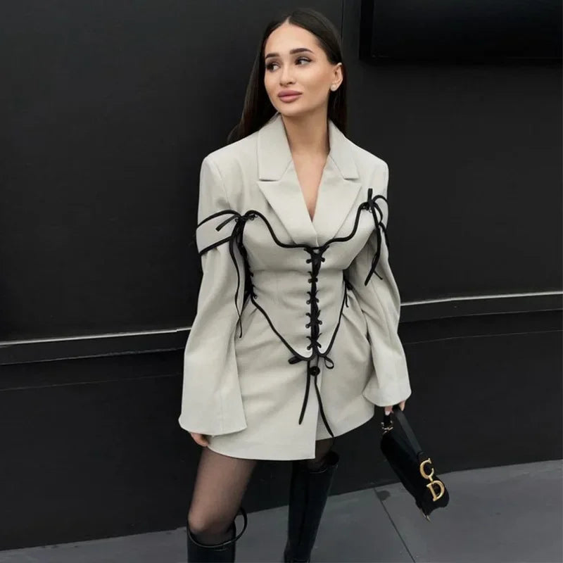 Maxy Two Piece Sets Dress Set Women Coats Dresses Mid Length Coat Notched Full Sleeve Corset Elegant Splice A Line Slim Fit Autumn